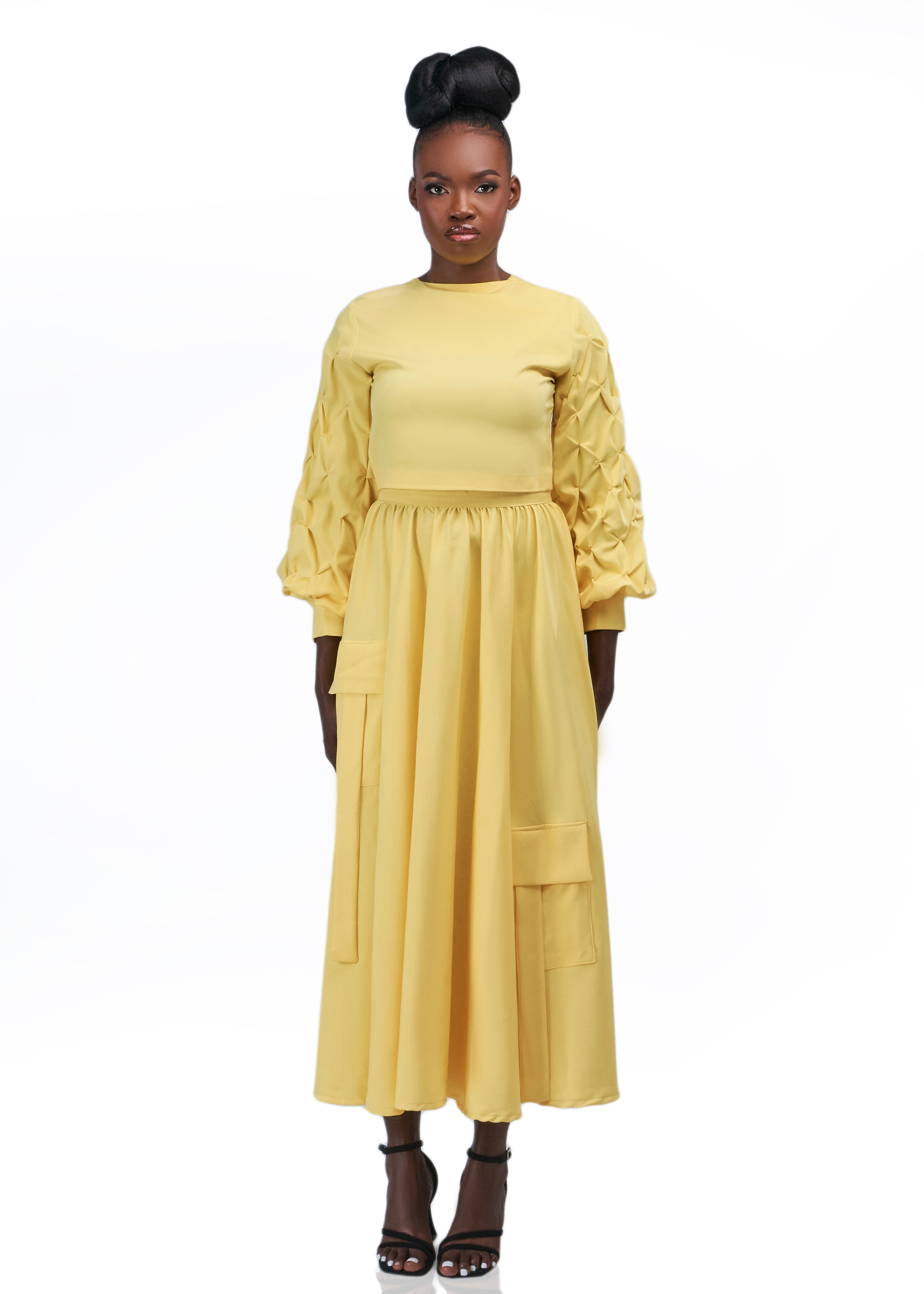 BSTYLE RAY PLEATED SLEEVE CROP TOP & CARGO FLARE SKIRT