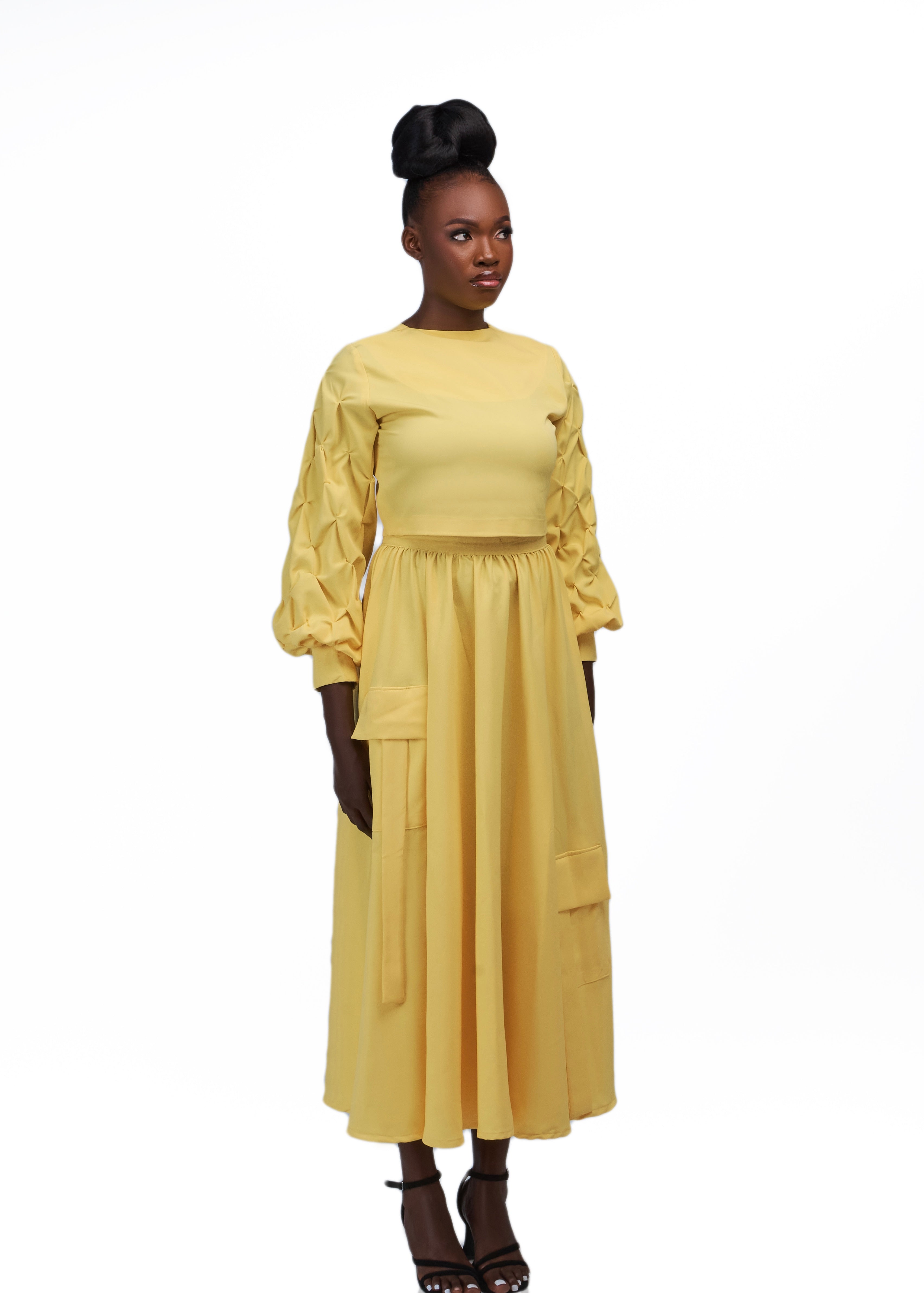 BSTYLE RAY PLEATED SLEEVE CROP TOP & CARGO FLARE SKIRT