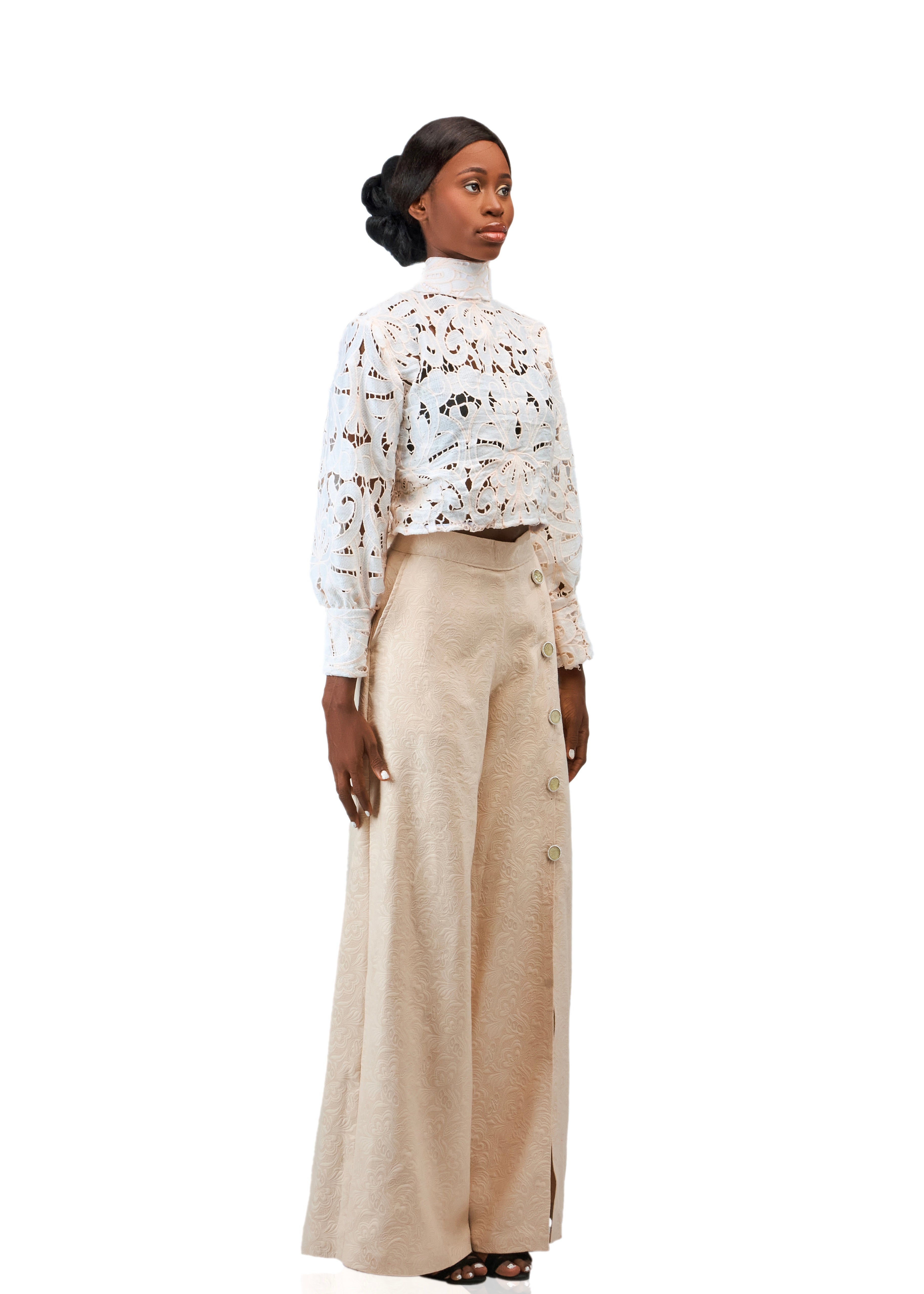 BSTYLE OXANA LACE BLOUSE WITH SLIT WIDE LEG PANTS