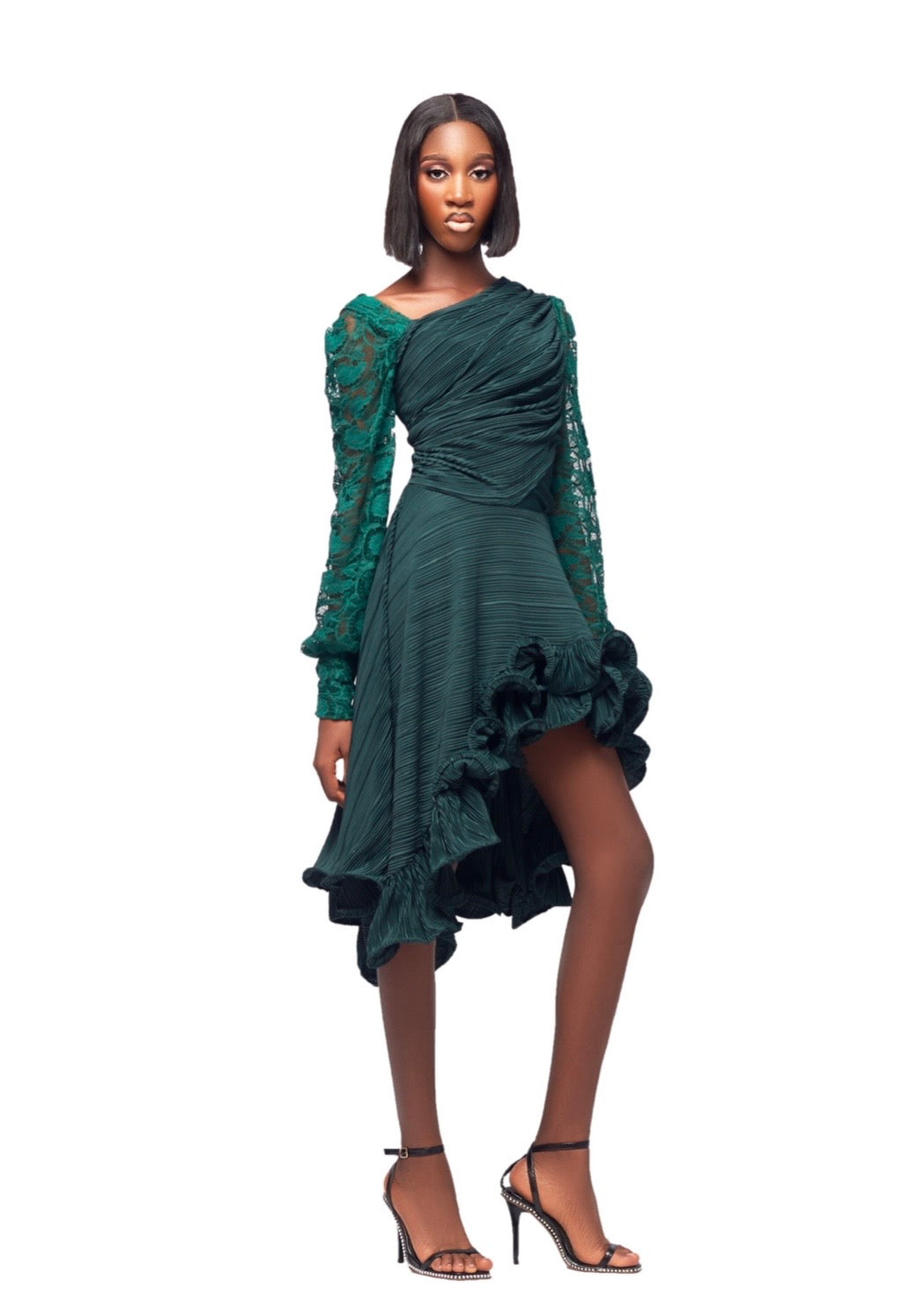 GIVENO EMERALD CASCADE ONE-SHOULDER DRESS