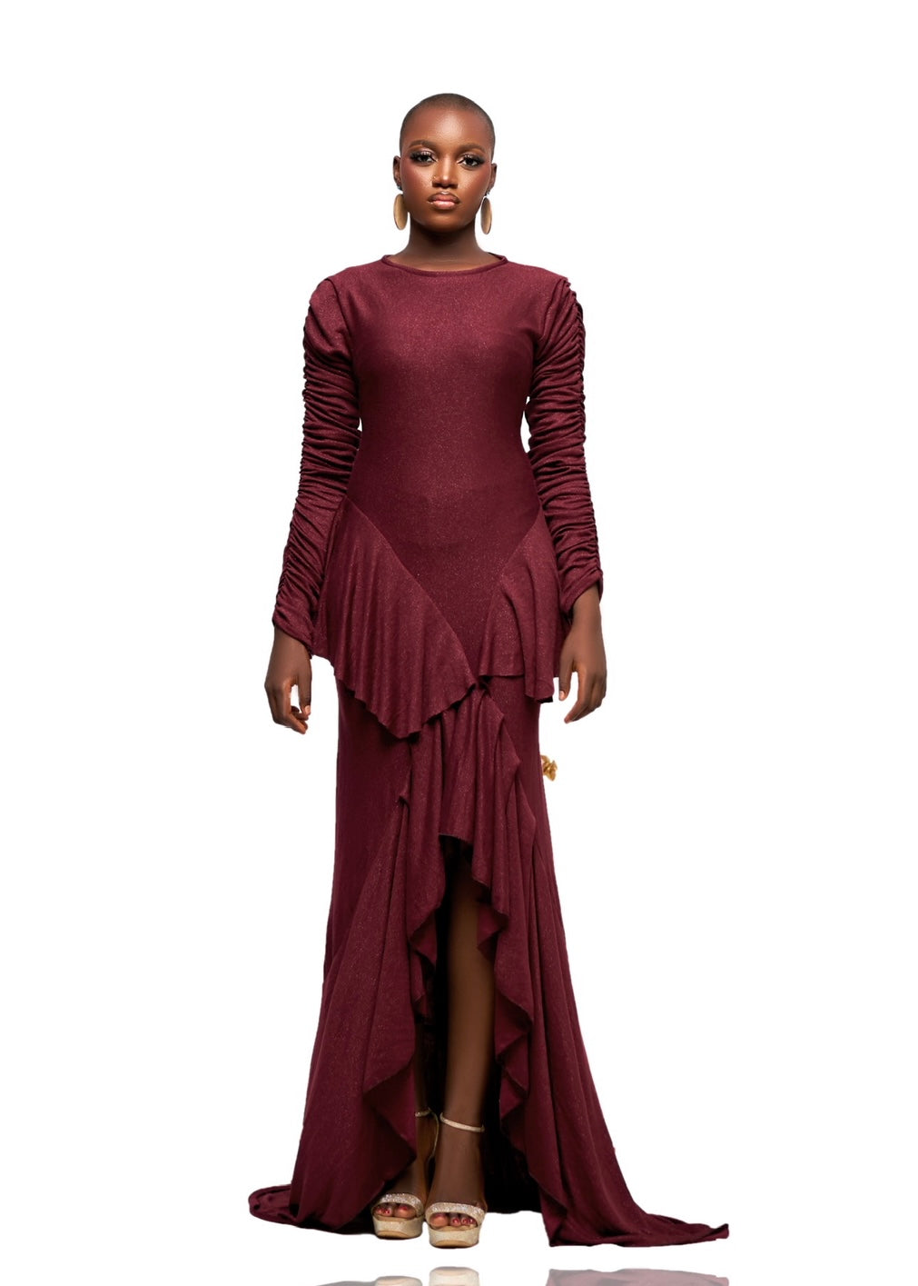 KOZI ASYMMETRIC MAXI FLARE DRESS WITH RUFFLES