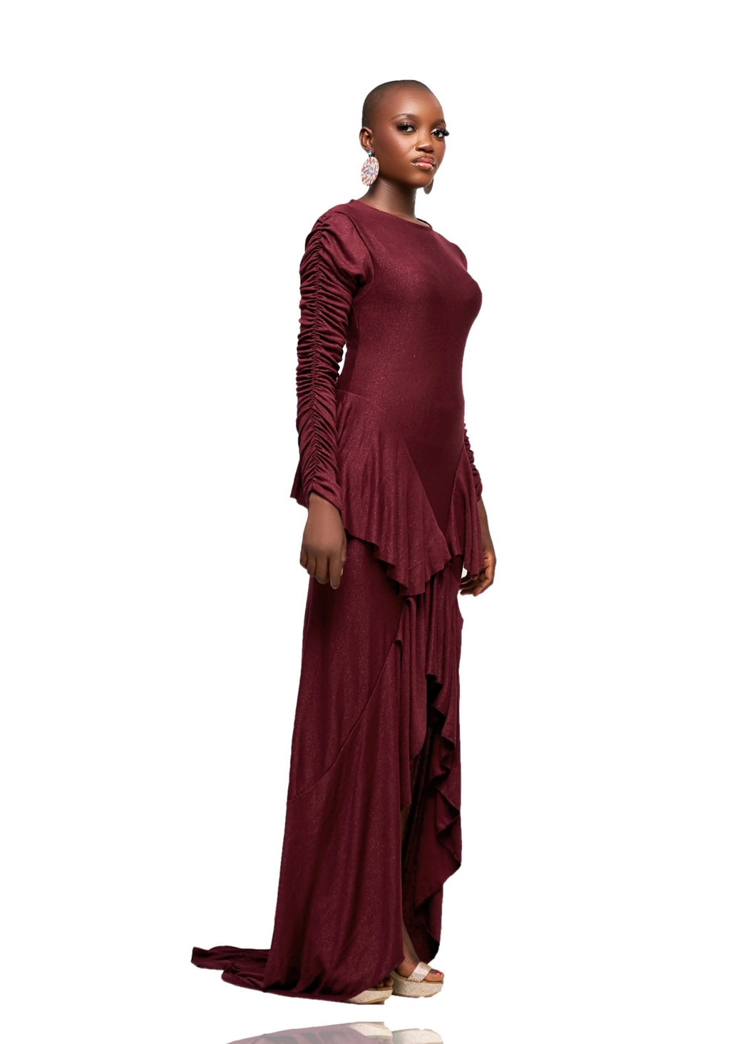 KOZI ASYMMETRIC MAXI FLARE DRESS WITH RUFFLES
