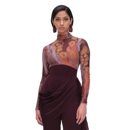 ANDREA IYAMAH COLLO TURTLENECK MESH BODYSUIT(KAVA PRINT)