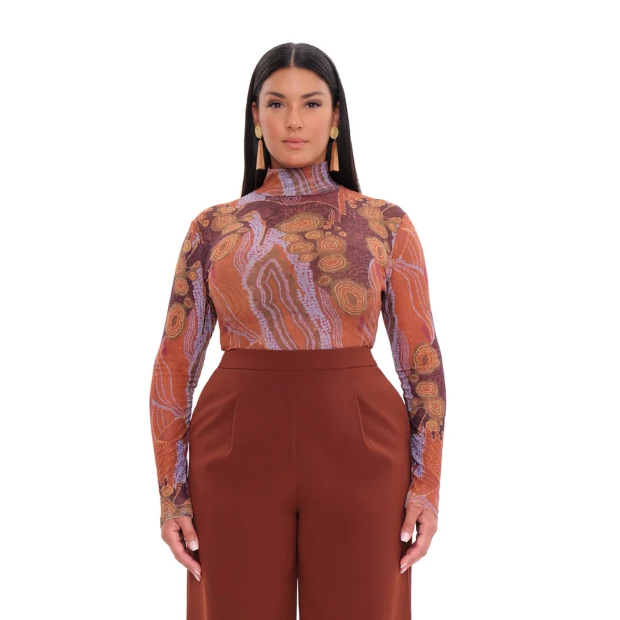 ANDREA IYAMAH COLLO TURTLENECK MESH BODYSUIT(KAVA PRINT)