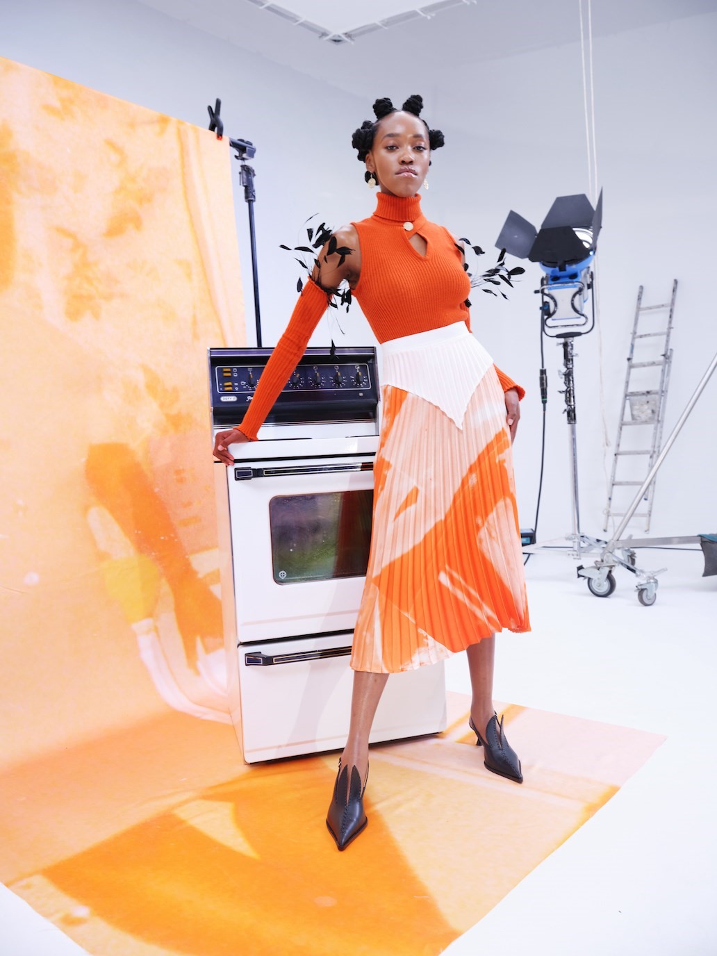 Thebe Magugu Front Fluoro Pleated Skirt Orange